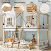 A bunk bed designed like a house, with labels indicating materials and dimensions. Produktbild-Vorschau