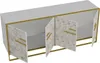 A white sideboard with marble-effect doors and gold accents, shown with the doors open. Náhled obrázku produktu