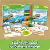 A collection of items from a dinosaur-themed advent calendar, including boxes, experiment components, and a handbook, laid out on a brown surface. Náhled obrázku produktu