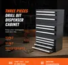 A drill bit dispenser cabinet is shown on a wooden surface, with text overlays describing its features and benefits. Anteprima dell’immagine prodotto