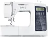A white digital sewing machine with a dark blue control panel and screen, shown from the front. Produktbild-Vorschau