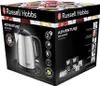 The image shows the retail packaging of a Russell Hobbs Adventure Brushed Mini Kettle. Produktbild-Vorschau