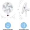 A collage of images showing a white oscillating fan and diagrams illustrating its oscillation angles. Produktbild-Vorschau