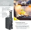 A black outdoor trolley case is shown in a natural outdoor setting, with a camera lens and other equipment visible inside the open case. Text overlays describe the product's features and intended uses. Produktbild-Vorschau