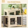 A collage showing a dog crate in two different settings: one as a piece of furniture with decorative items on top, and another with a pug inside, highlighting its use as a dog house and transport box. Náhled obrázku produktu