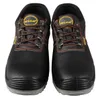 A pair of black work shoes with orange laces and yellow logos. Produktbild-Vorschau