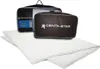 A white duvet is laid out in front of two branded bags, one black and one brown, on a white background. Produktbild-Vorschau