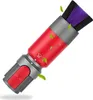 A red and gray vacuum cleaner attachment with purple and black bristles against a white background, with small green leaf graphics scattered around. Produktbild-Vorschau