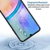 A smartphone screen protector is shown with water droplets on it, demonstrating its water-repellent properties. Produktbild-Vorschau
