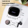 A black wireless earbud charging case with a digital display showing 100% battery, a US quarter coin for scale, and a single earbud. Dimensions are indicated with measurement lines and text. Produktbild-Vorschau
