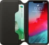 A black leather iPhone case with a card slot is shown open, revealing a card and the iPhone screen. Produktbild-Vorschau
