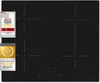 A black induction cooktop with controls at the bottom and promotional badges on the left. Produktbild-Vorschau