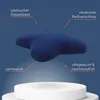 A blue pillow with text callouts describing its features, presented on a white pedestal. Produktbild-Vorschau