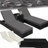 Two rattan sun loungers with gray cushions are shown, along with two white cushions and a black cover. The background is a gray textured surface with water droplets, suggesting weather resistance. Náhled obrázku produktu