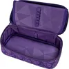 An open purple pencil case with a geometric pattern on the inside lid and a smiley face pattern on the outside. Náhled obrázku produktu