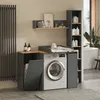 A modern laundry room with a washing machine, changing table, and storage units. Voir les images du produit