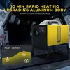 A yellow and black diesel heater is shown in the back of a vehicle with a snowy background. There is a graphic overlay on the bottom left highlighting fast heating. Náhled obrázku produktu