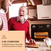 Two men in a kitchen, one older and laughing, the other younger and wearing an apron. An air fryer is visible in the background. A text overlay describes the product's functions. Produktbild-Vorschau