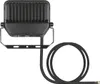 A black LED floodlight with a mounting bracket and a coiled power cord. Voir les images du produit