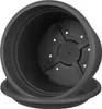 A black plastic plant pot and saucer, viewed from an angle showing the inside of the pot with drainage holes. Produktbild-Vorschau