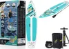 A collage of images showing a stand-up paddleboard set, including the board, paddle, pump, and carrying bag, along with packaging. Produktbild-Vorschau