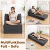 A collage of images showing a dark gray foldable sofa in different configurations: as a single sofa, as a lounge chair, and as a bed. Text overlays indicate the different uses. Náhled obrázku produktu