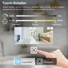 A hand touching a touch-sensitive light switch icon, with a bathroom scene in the background and text describing the product's features. Produktbild-Vorschau