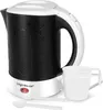 A black and white electric kettle with a floral pattern, a white mug, and two white spoons are displayed on a white background. Produktbild-Vorschau
