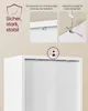 Close-up of a white cabinet with marketing text and diagrams highlighting stability and safety features. Produktbild-Vorschau