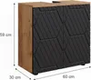 A product shot of a bathroom vanity cabinet with dimensions indicated. Produktbild-Vorschau