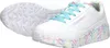 A pair of white Skechers Uno Lite Love sneakers with colorful heart-shaped accents on the sole and lining, and light blue laces. Voir les images du produit
