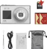 A flat lay of a digital camera and its accessories on a white background. Produktbild-Vorschau