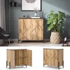 A collage of images showing a wooden cabinet with a geometric pattern, displayed in a room setting and also as standalone product shots. Voir les images du produit