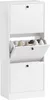 A white shoe cabinet with three flip-down doors, displaying shoes inside the open middle compartment. Produktbild-Vorschau