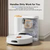 A robot vacuum cleaner and its charging/emptying station are shown with text highlighting features. Produktbild-Vorschau