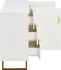 A white sideboard with gold accents and handles is shown from the side with one door open, revealing three drawers. Produktbild-Vorschau