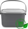A gray compost bin with a handle and lid, with a green circular overlay indicating 'BPA FREE' and a leaf symbol. Voir les images du produit