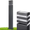 A tall, dark grey bollard light with clear sections and a solar panel on top, shown on a patch of green grass. A close-up of the top section of the bollard light is shown to the right. Produktbild-Vorschau