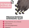 A marketing image showing premium bonding hair extensions with text highlighting their features. Voir les images du produit