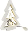A white wooden Christmas tree decoration with a snowman and a small tree inside, illuminated by LED lights. Produktbild-Vorschau