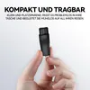 A hand holding a small black adapter with text overlay. Produktbild-Vorschau