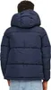 The back view of a navy blue puffer jacket with a hood and a brown pom-pom on top. Produktbild-Vorschau