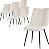 A set of six beige dining chairs with black metal legs, arranged in a group and one chair in the foreground.