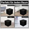 A collage showing a black cube-shaped ottoman in four different room settings: living room, bedroom, hallway, and children's room. Produktbild-Vorschau