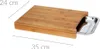 A bamboo cutting board with a built-in stainless steel tray, shown from a slightly elevated angle against a white background. Dimensions are indicated by lines and text. Náhľad obrázku produktu