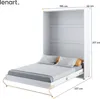 A white wall bed is shown in its open position, with a mattress and pillows on it. Dimensions are indicated with dotted lines and text. Produktbild-Vorschau