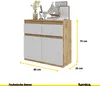 A sideboard with two drawers and two doors, decorated with various items on top, with dimensions indicated by yellow lines and text. Voir les images du produit