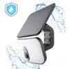 A solar-powered LED floodlight with a motion sensor, shown with water splashes to indicate its waterproof nature. Podgląd zdjęcia produktu