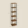 A tall, narrow bookshelf with five shelves is shown with dimensions indicated by lines and text. Produktbild-Vorschau