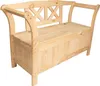A light brown wooden park bench with a storage box and backrest, shown against a white background. Produktbild-Vorschau
